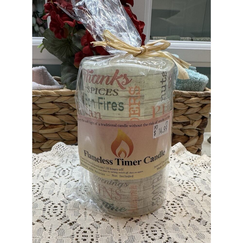 DNS Designs Flameless Timer Candle Fall Themed Ivory Orange Battery Operated